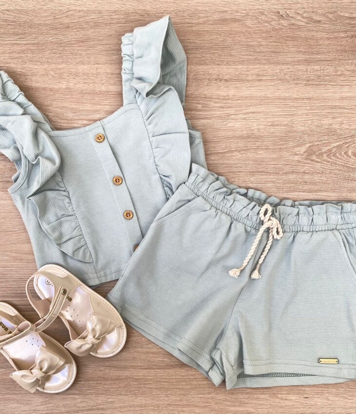 Conjunto Infantil Feminino Cropped com Babado e Short Verde Fernanda Ramos Kids