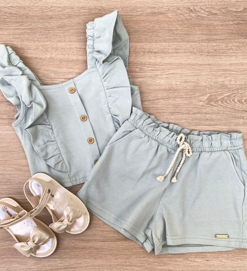 Conjunto Infantil Feminino Cropped com Babado e Short Verde Fernanda Ramos Kids