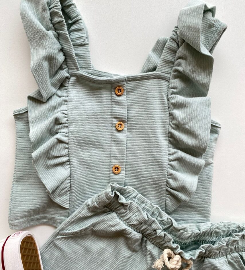 fernandaramoskids com br Conjunto Infantil Feminino Cropped com Babado e Short Verde Água 1