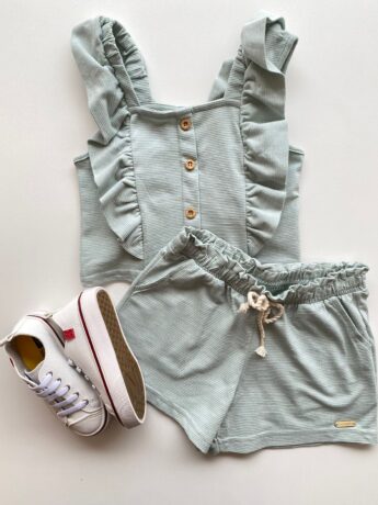 Conjunto Infantil Feminino Cropped com Babado e Short Verde Água Fernanda Ramos Store