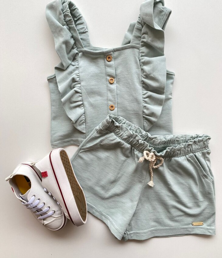 Conjunto Infantil Feminino Cropped com Babado e Short Verde Água Fernanda Ramos Store