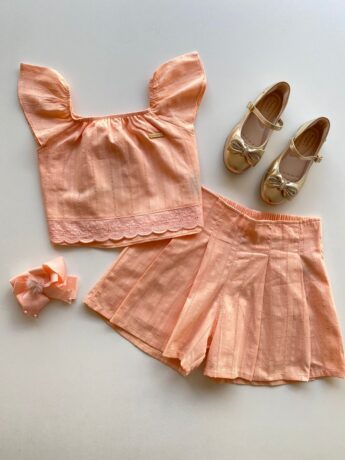 Conjunto Infantil Feminino Cropped com Detalhe e Short Laranja Fernanda Ramos Kids