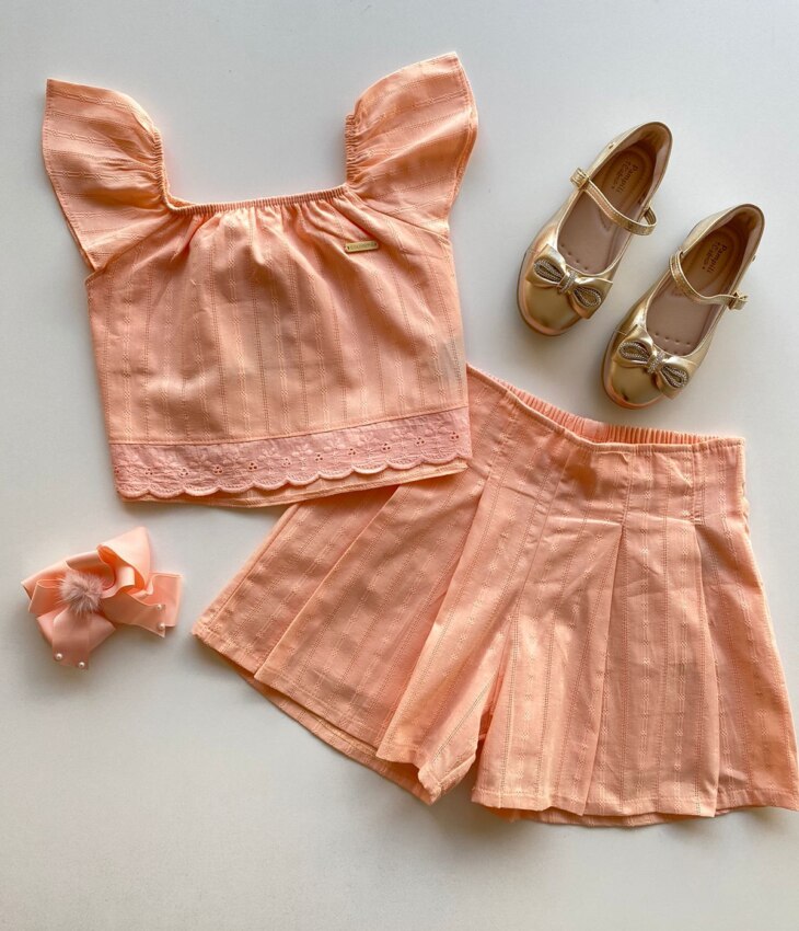 Conjunto Infantil Feminino Cropped com Detalhe e Short Laranja Fernanda Ramos Kids