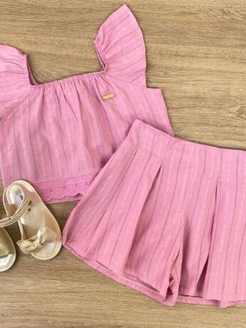 Conjunto Infantil Feminino Cropped com Detalhe e Short Rosa Fernanda Ramos Kids