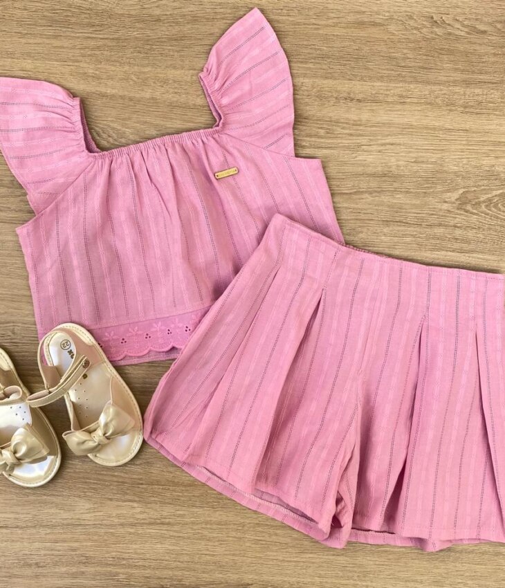 Conjunto Infantil Feminino Cropped com Detalhe e Short Rosa Fernanda Ramos Kids
