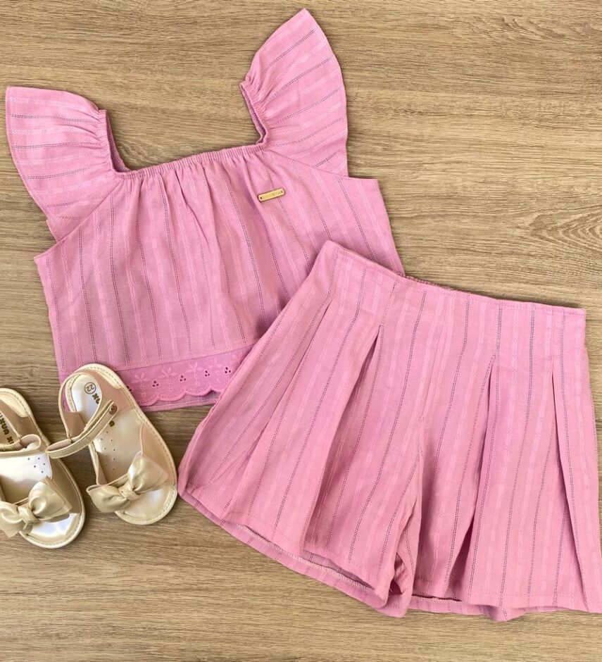 Conjunto Infantil Feminino Cropped com Detalhe e Short Rosa Fernanda Ramos Kids