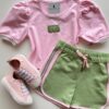 fernandaramoskids com br Conjunto Infantil Feminino Cropped Manga Princesa Rosa e Short Verde 1