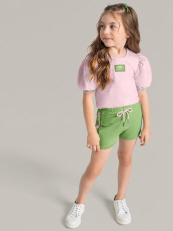Conjunto Infantil Feminino Cropped Manga Princesa Rosa e Short Verde Fernanda ramos kids