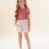 Conjunto Infantil Feminino Cropped Rose com Manga Bordada Short Babado Fernanda Ramos Kids