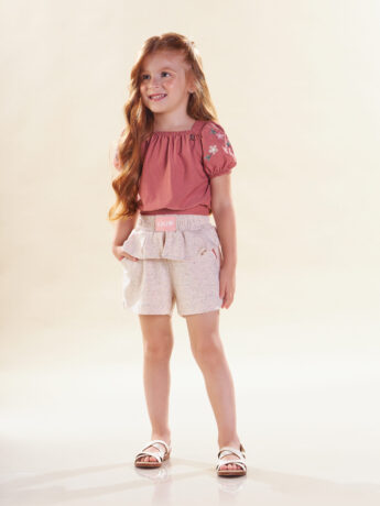 Conjunto Infantil Feminino Cropped Rose com Manga Bordada Short Babado Fernanda Ramos Kids