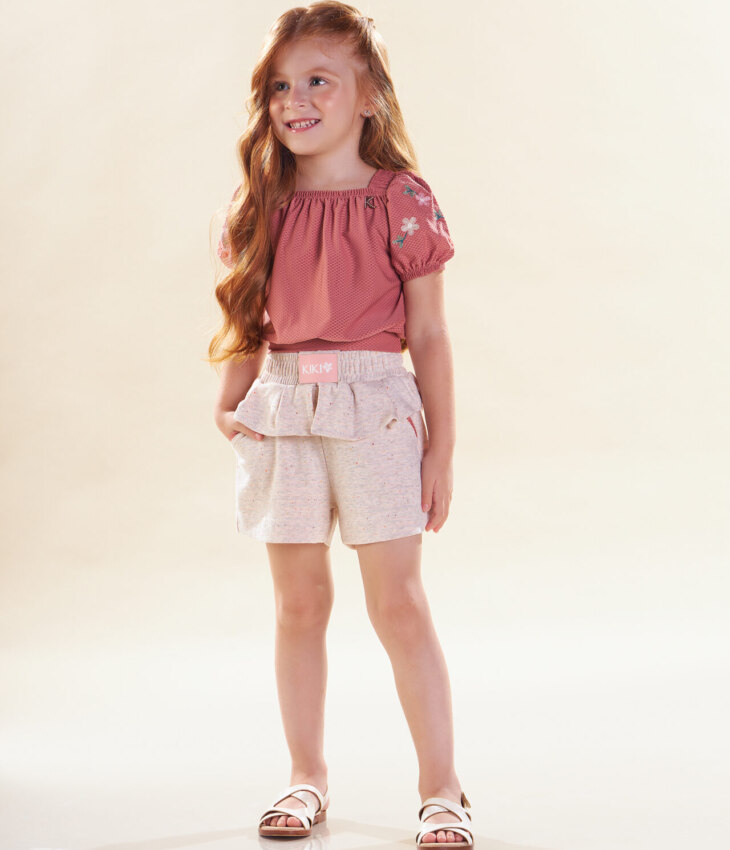 Conjunto Infantil Feminino Cropped Rose com Manga Bordada Short Babado Fernanda Ramos Kids