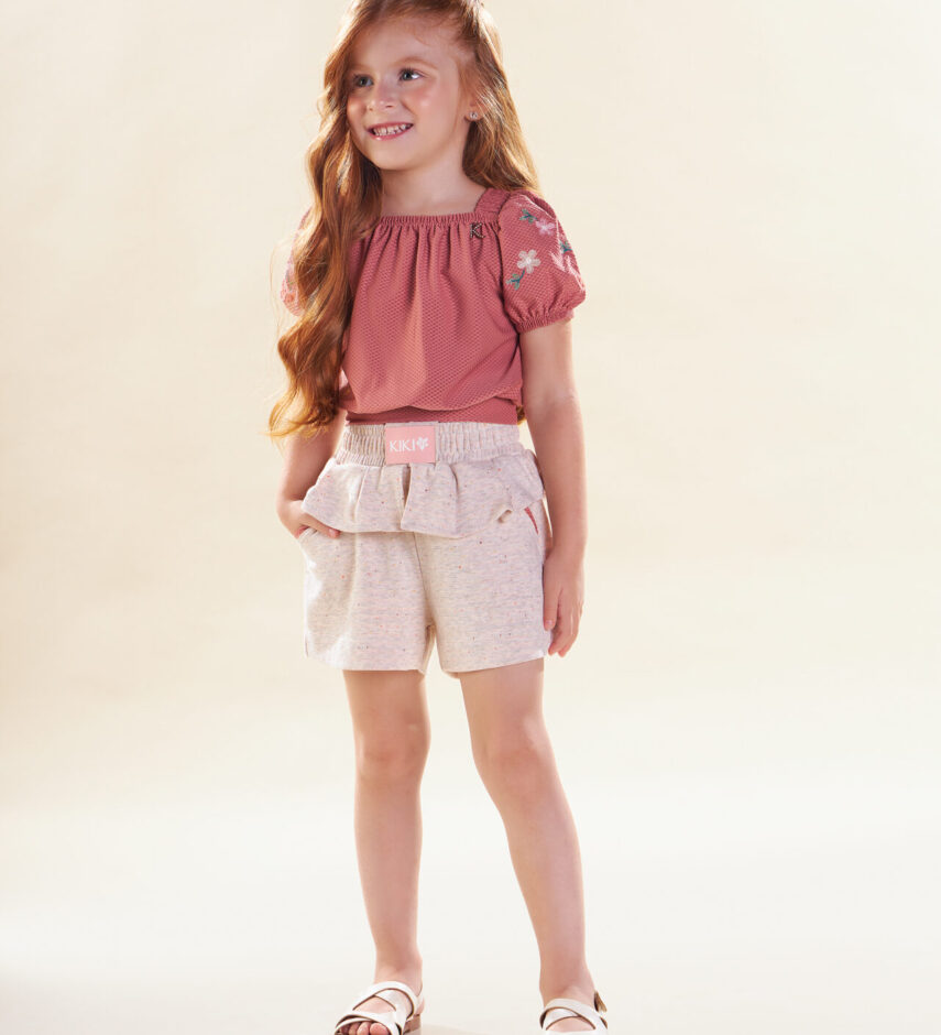 Conjunto Infantil Feminino Cropped Rose com Manga Bordada Short Babado Fernanda Ramos Kids