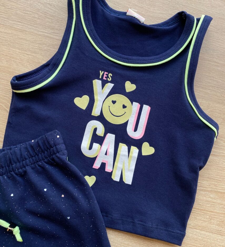 fernandaramoskids com br Conjunto Infantil Feminino Cropped You Can e Short Azul Marinho 1