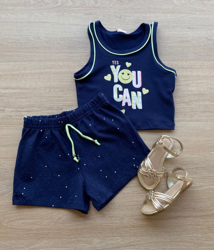 Conjunto Infantil Feminino Cropped You Can e Short Azul Marinho Fernanda Ramos Kids