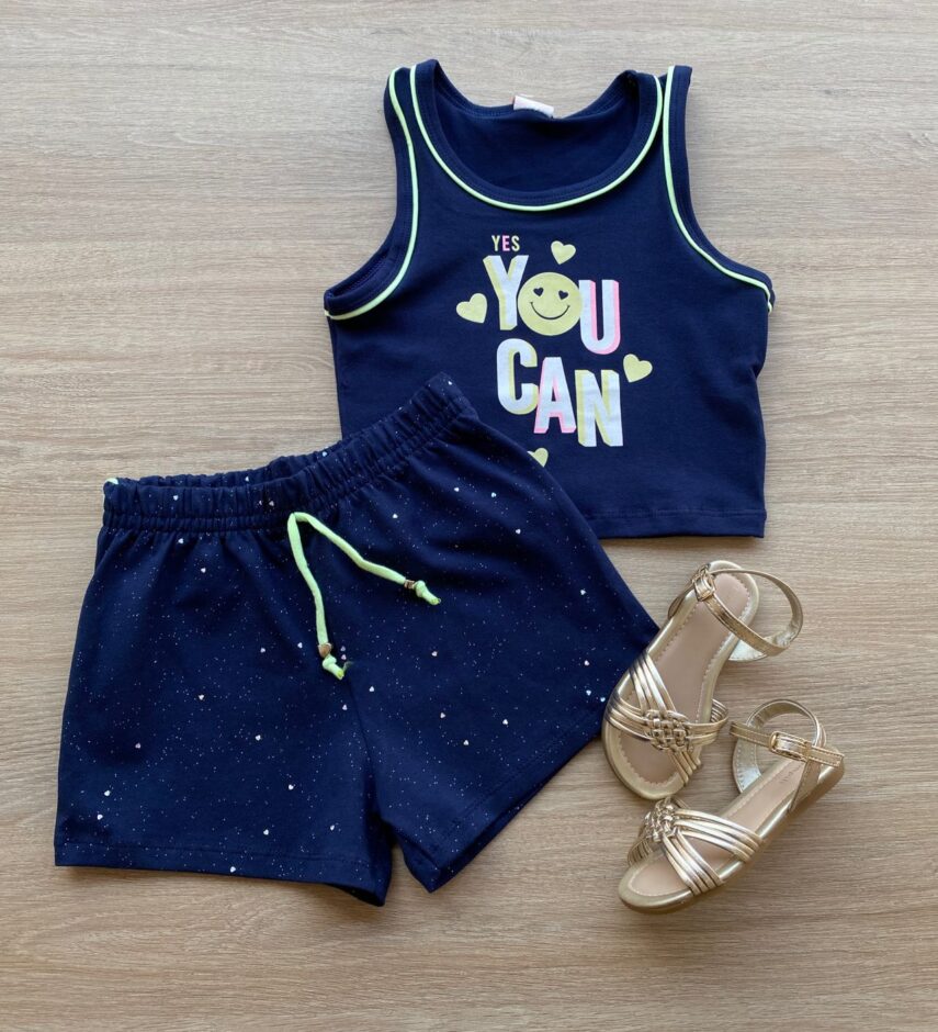 Conjunto Infantil Feminino Cropped You Can e Short Azul Marinho Fernanda Ramos Kids