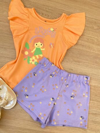 fernandaramoskids com br Conjunto Infantil Feminino Estampado Blusa Laranja e Short Lilás 1