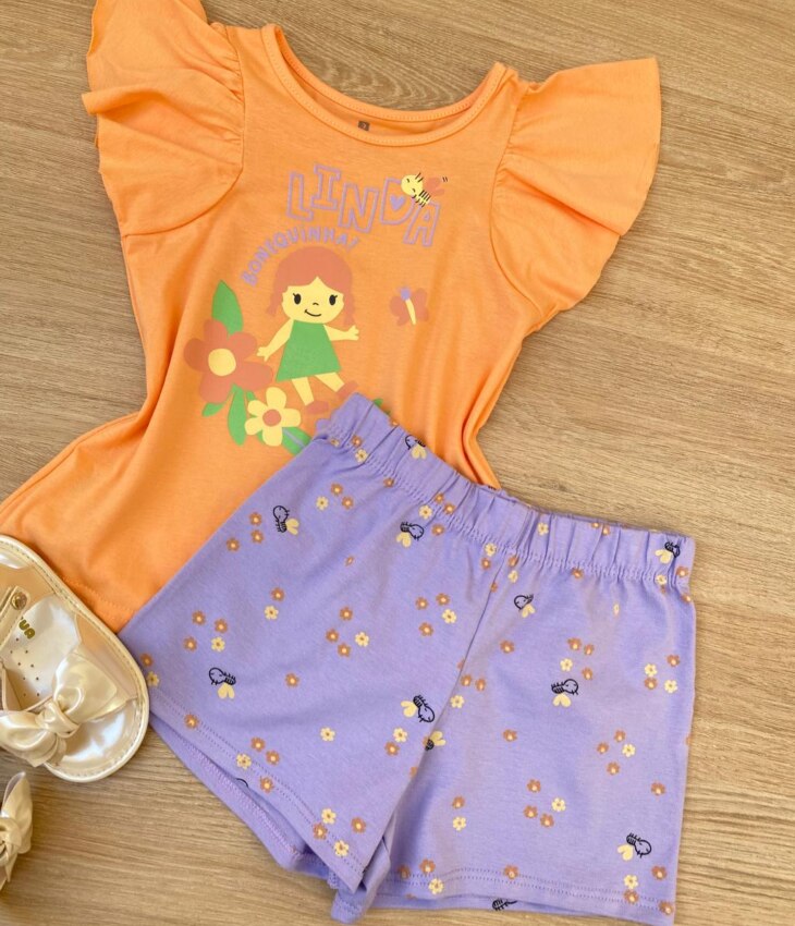 fernandaramoskids com br Conjunto Infantil Feminino Estampado Blusa Laranja e Short Lilás 1