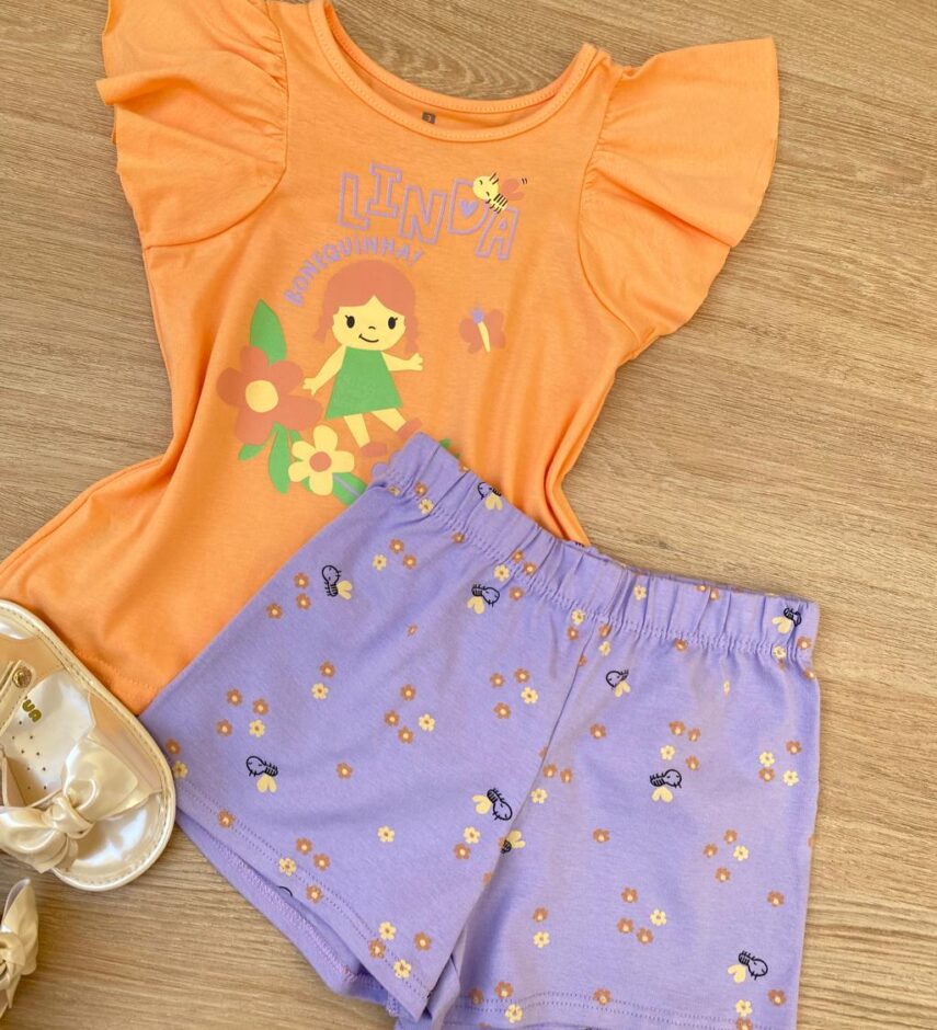 fernandaramoskids com br Conjunto Infantil Feminino Estampado Blusa Laranja e Short Lilás 1