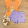 Conjunto Infantil Feminino Estampado Blusa Laranja e Short Lilás Fernanda Ramos Kids