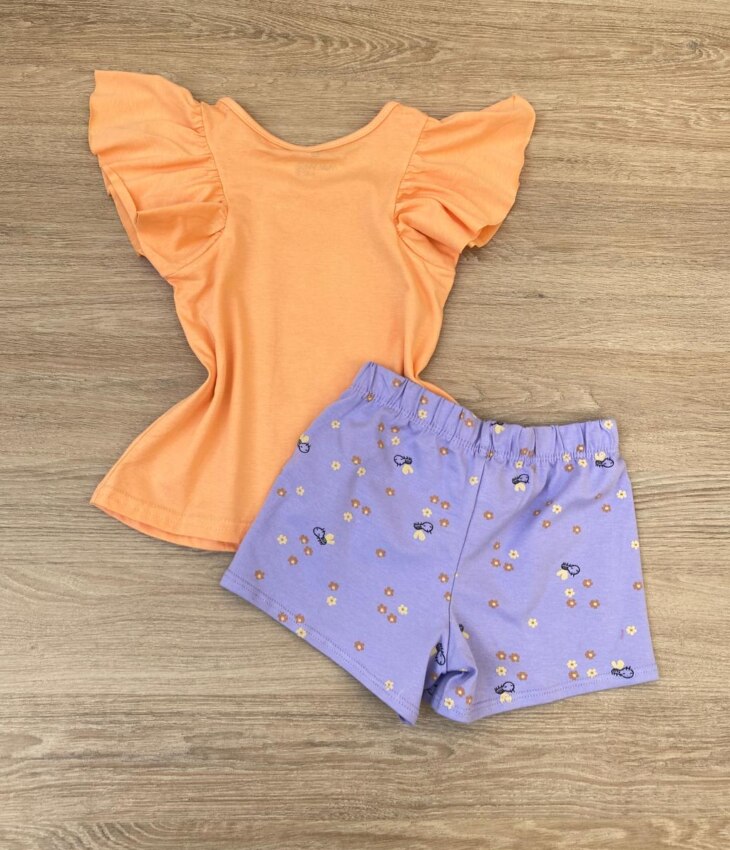 fernandaramoskids com br Conjunto Infantil Feminino Estampado Blusa Laranja e Short Lilás 2