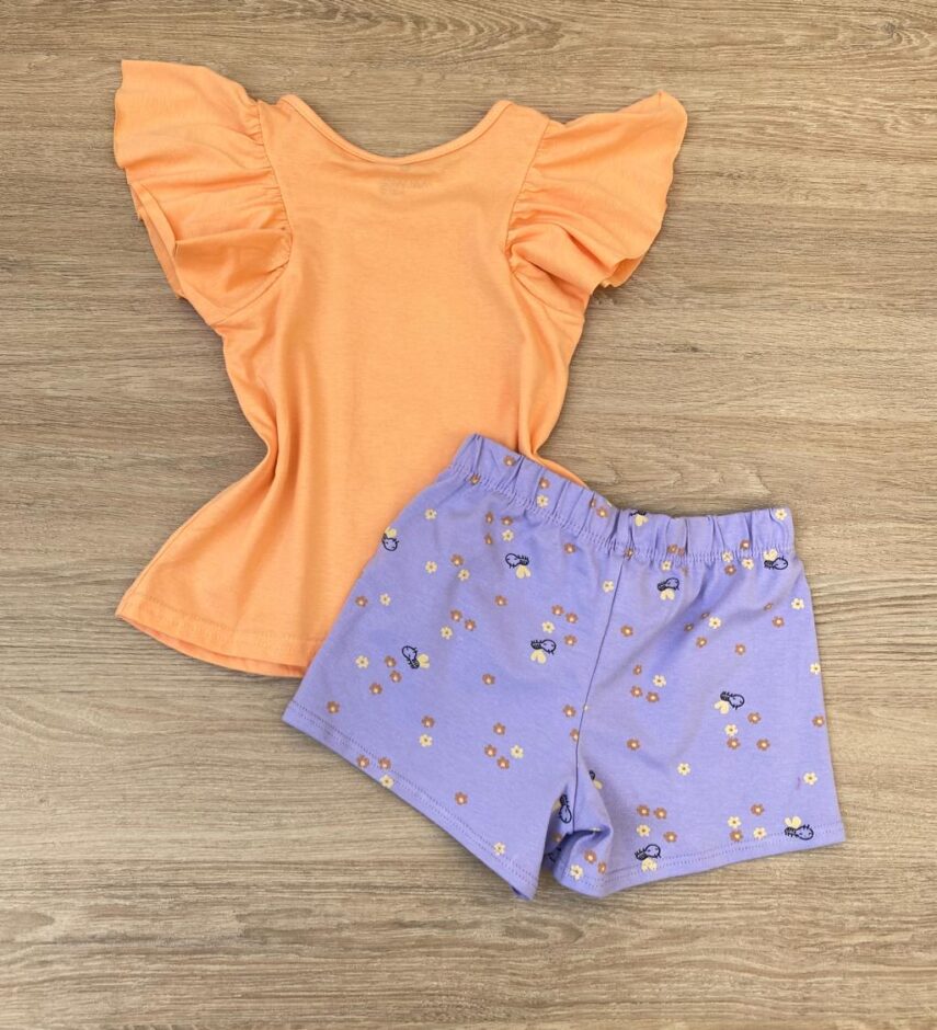 fernandaramoskids com br Conjunto Infantil Feminino Estampado Blusa Laranja e Short Lilás 2