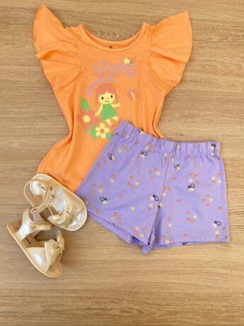 Conjunto Infantil Feminino Estampado Blusa Laranja e Short Lilás Fernanda Ramos Kids