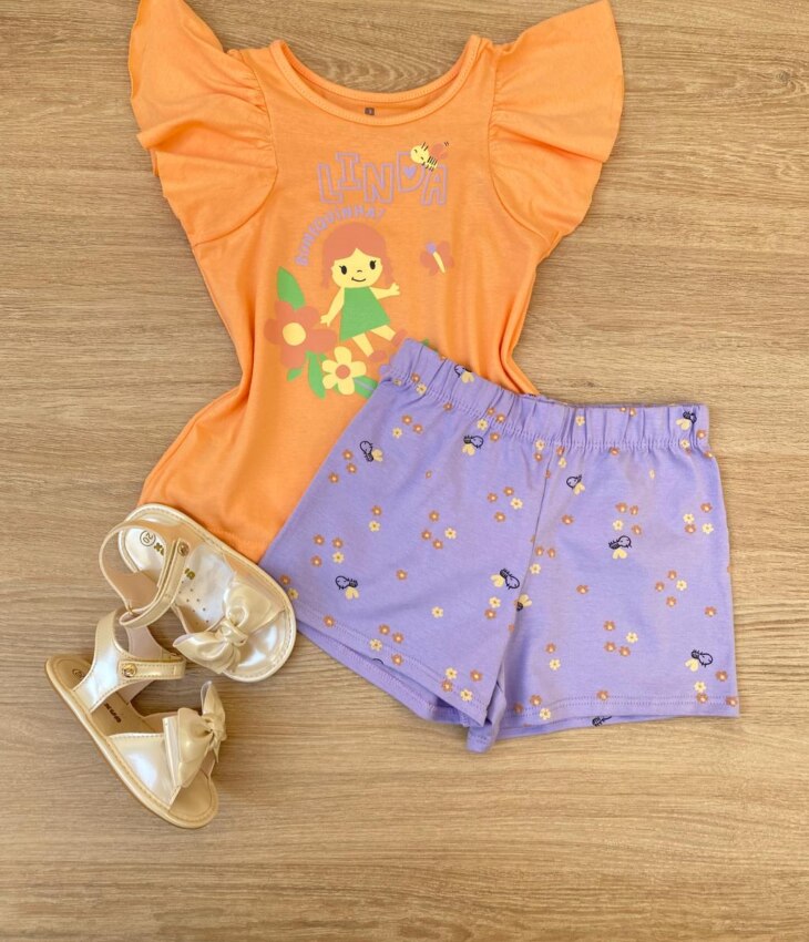 Conjunto Infantil Feminino Estampado Blusa Laranja e Short Lilás Fernanda Ramos Kids