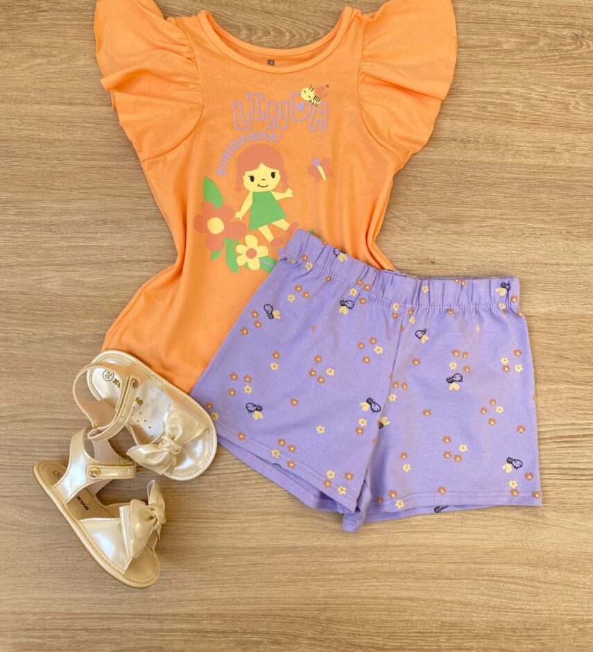 Conjunto Infantil Feminino Estampado Blusa Laranja e Short Lilás Fernanda Ramos Kids