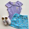 Conjunto Infantil Feminino Estampado Blusa Lilás e Short Saia Azul Fernanda Ramos Kids