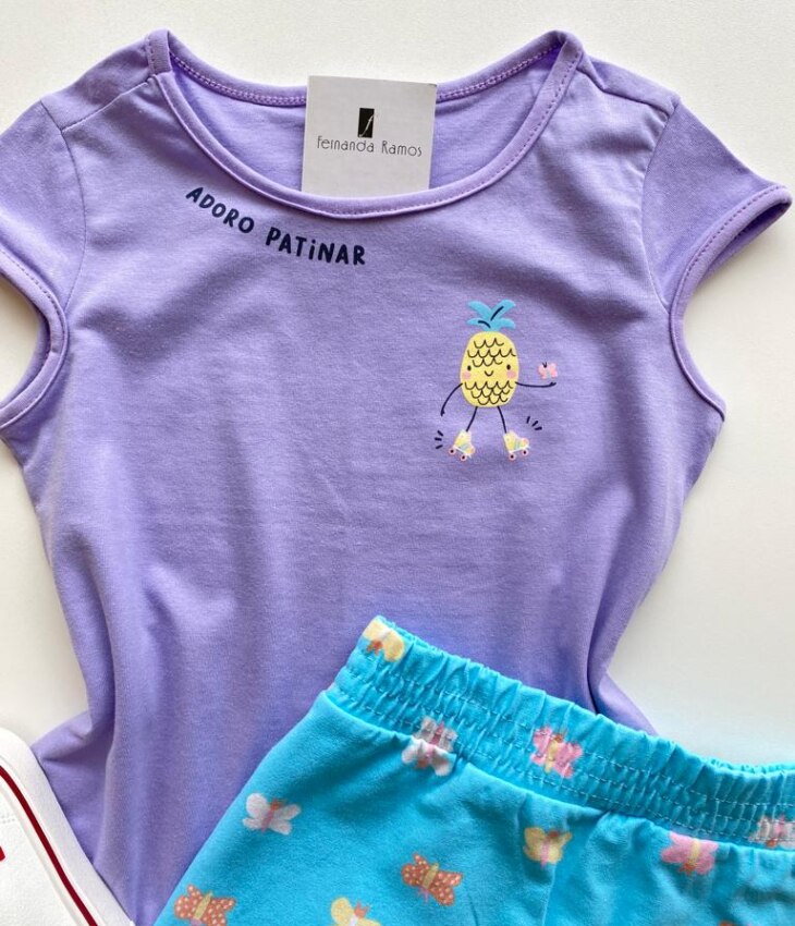 fernandaramoskids com br Conjunto Infantil Feminino Estampado Blusa Lilás e Short Saia Azul 2