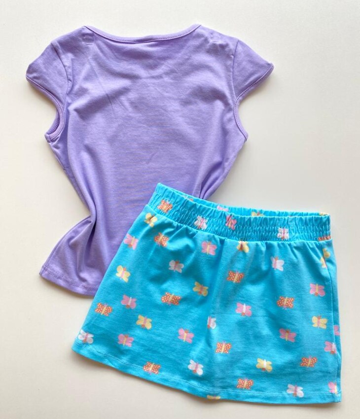 fernandaramoskids com br Conjunto Infantil Feminino Estampado Blusa Lilás e Short Saia Azul 3