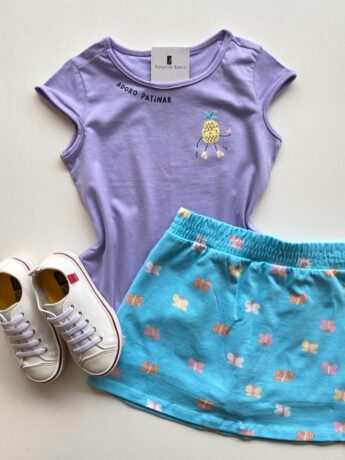 Conjunto Infantil Feminino Estampado Blusa Lilás e Short Saia Azul Fernanda Ramos Kids