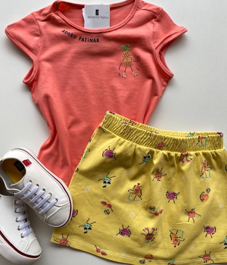 fernandaramoskids com br Conjunto Infantil Feminino Estampado Blusa Rosa e Short Saia Amarelo 1