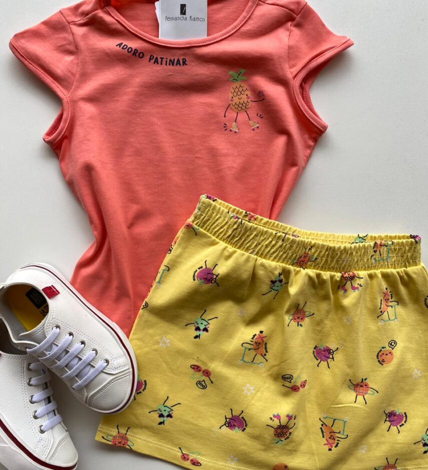 fernandaramoskids com br Conjunto Infantil Feminino Estampado Blusa Rosa e Short Saia Amarelo 1