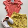 Conjunto Infantil Feminino Estampado Blusa Rosa e Short Saia Amarelo Fernanda Ramos Kids