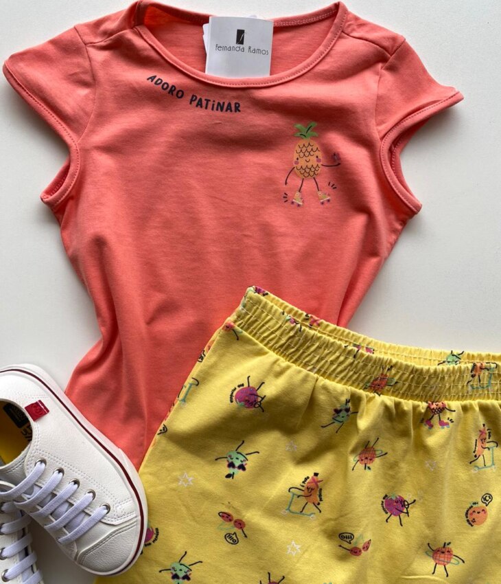 fernandaramoskids com br Conjunto Infantil Feminino Estampado Blusa Rosa e Short Saia Amarelo 2