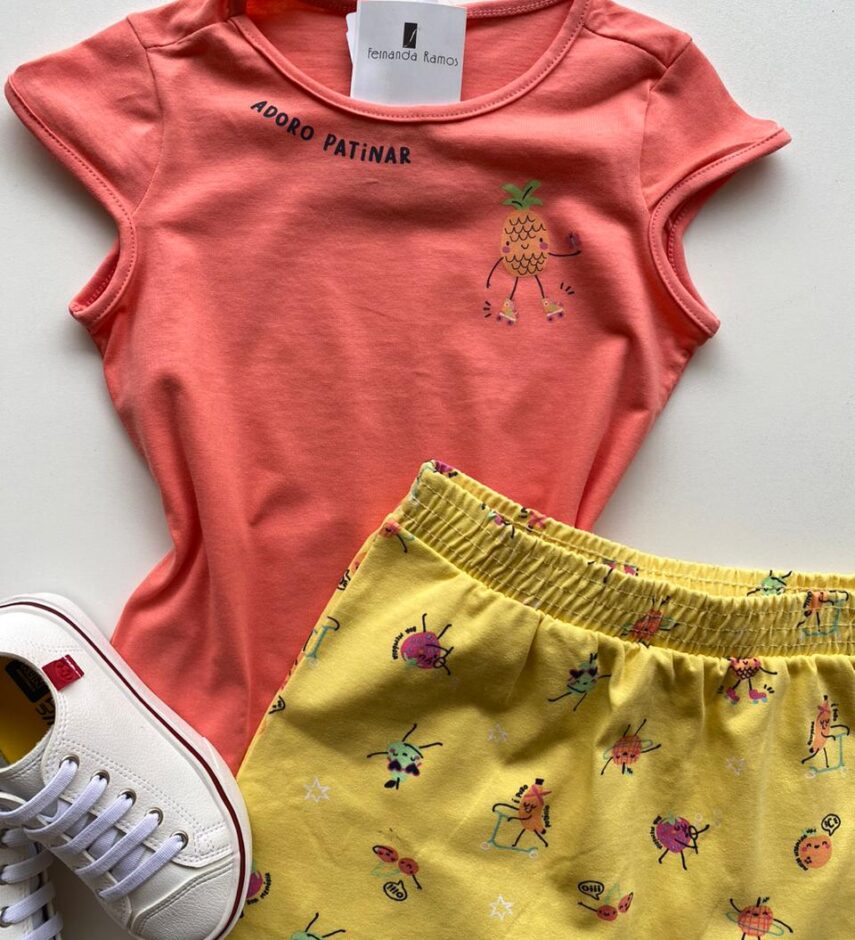 fernandaramoskids com br Conjunto Infantil Feminino Estampado Blusa Rosa e Short Saia Amarelo 2
