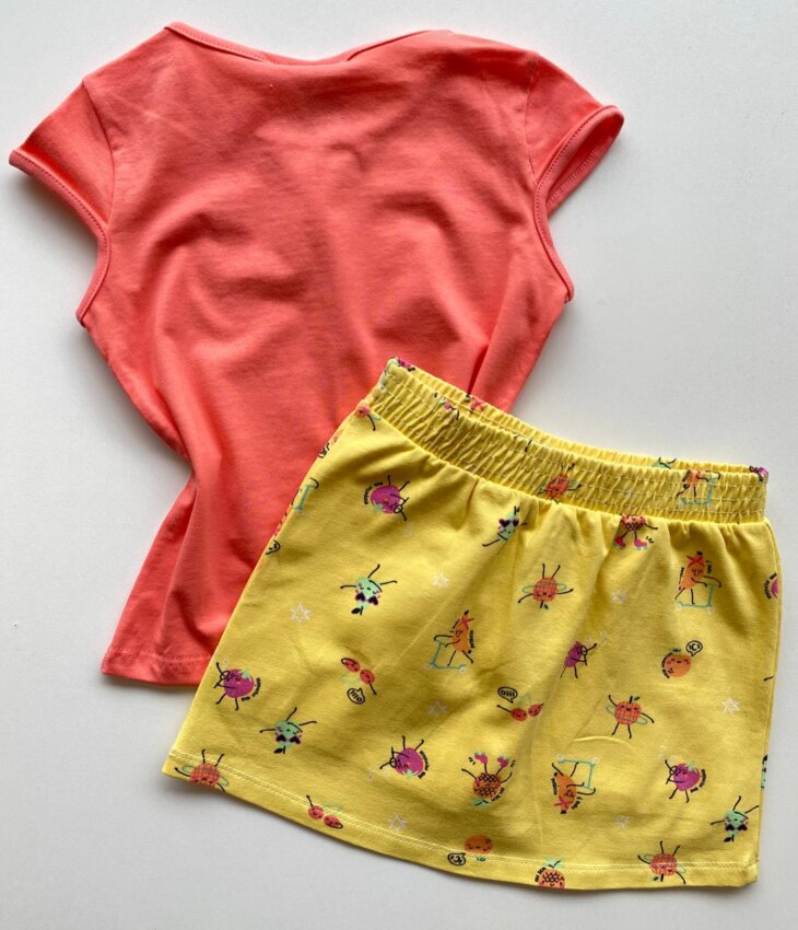 fernandaramoskids com br Conjunto Infantil Feminino Estampado Blusa Rosa e Short Saia Amarelo 3