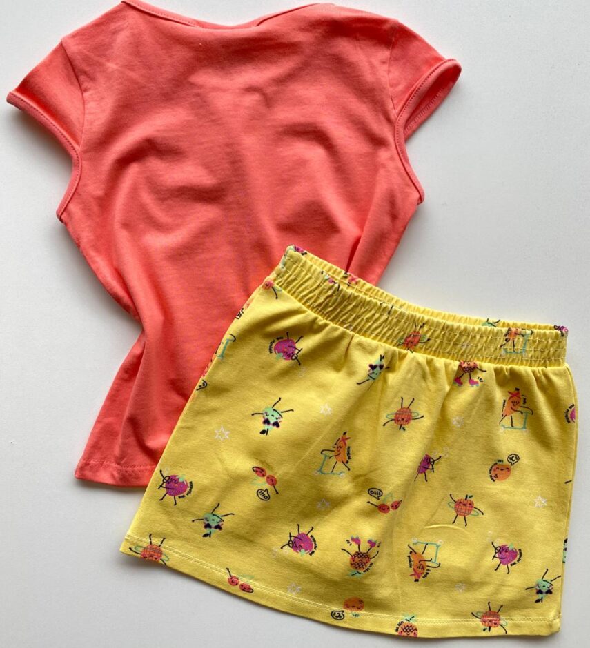 fernandaramoskids com br Conjunto Infantil Feminino Estampado Blusa Rosa e Short Saia Amarelo 3