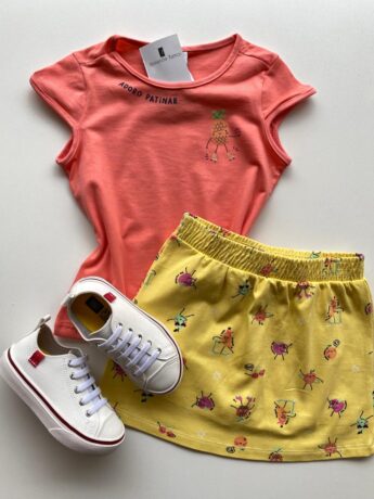 Conjunto Infantil Feminino Estampado Blusa Rosa e Short Saia Amarelo Fernanda Ramos Kids