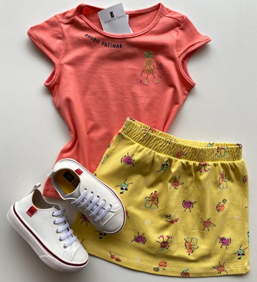 Conjunto Infantil Feminino Estampado Blusa Rosa e Short Saia Amarelo Fernanda Ramos Kids