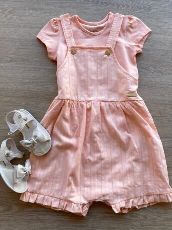 Conjunto Infantil Feminino Jardineira e Blusa Manga Curta Salmão Fernanda Ramos Kids