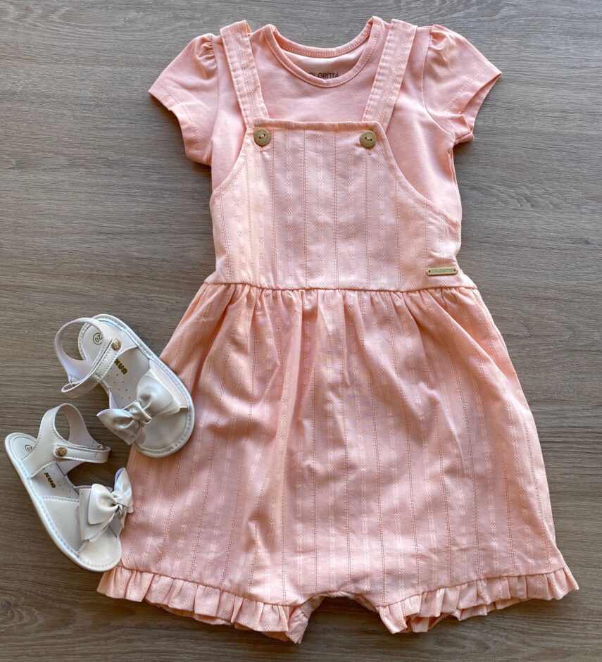 Conjunto Infantil Feminino Jardineira e Blusa Manga Curta Salmão Fernanda Ramos Kids