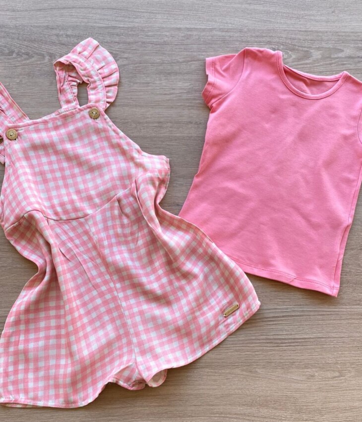 fernandaramoskids com br Conjunto Infantil Feminino Jardineira Xadrez e Blusa Manga Curta Rosa 2