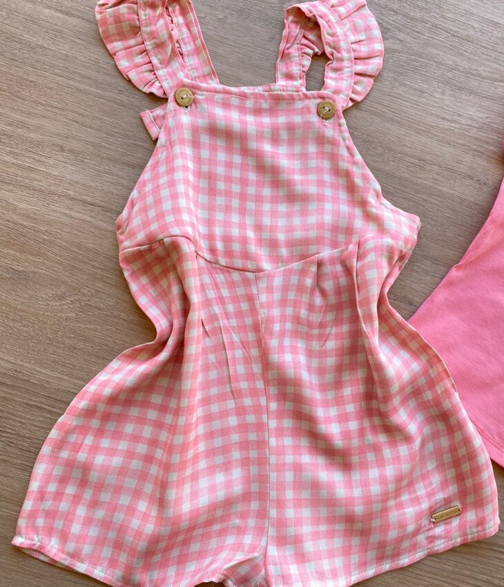 fernandaramoskids com br Conjunto Infantil Feminino Jardineira Xadrez e Blusa Manga Curta Rosa 3