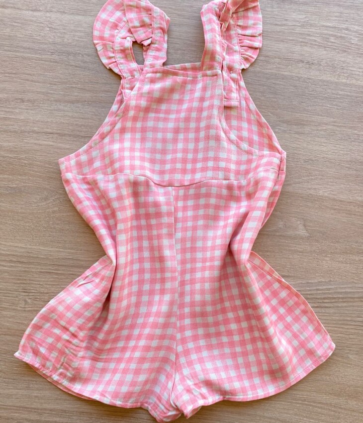 fernandaramoskids com br Conjunto Infantil Feminino Jardineira Xadrez e Blusa Manga Curta Rosa 5