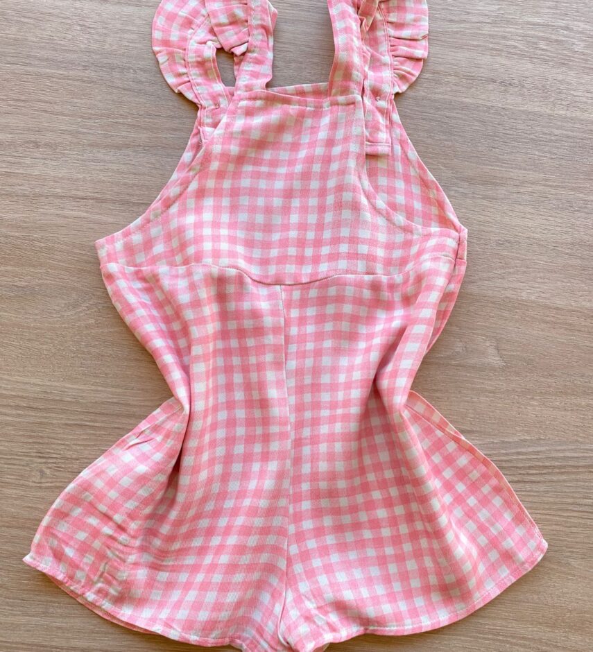 fernandaramoskids com br Conjunto Infantil Feminino Jardineira Xadrez e Blusa Manga Curta Rosa 5