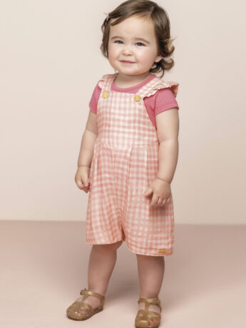 Conjunto Infantil Feminino Jardineira Xadrez e Blusa Manga Curta Rosa Fernanda ramos kids