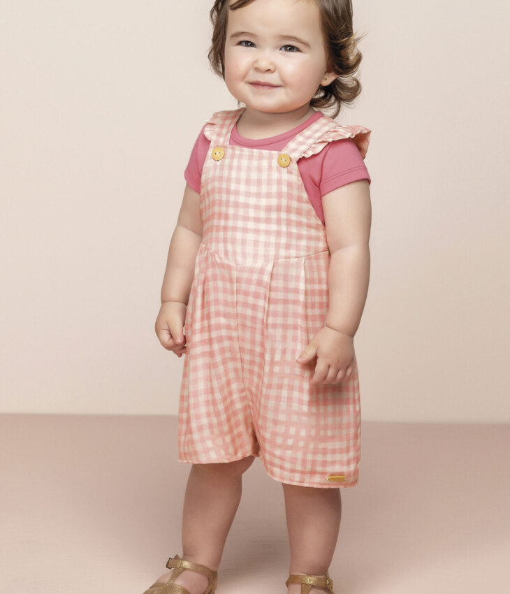 Conjunto Infantil Feminino Jardineira Xadrez e Blusa Manga Curta Rosa Fernanda ramos kids