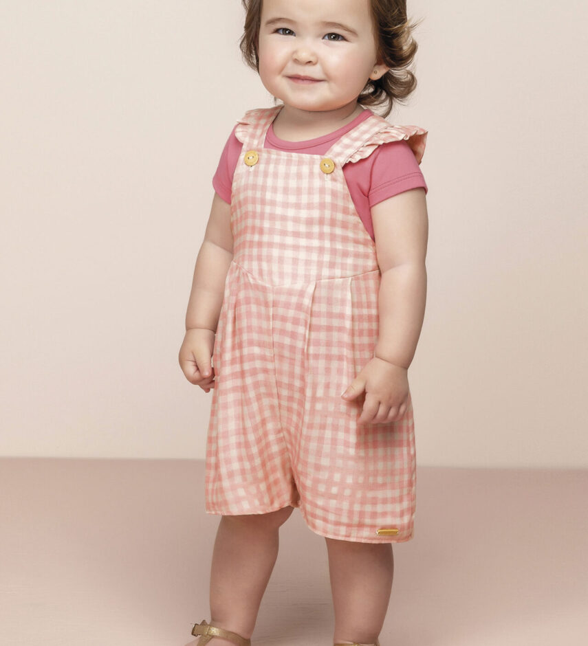 Conjunto Infantil Feminino Jardineira Xadrez e Blusa Manga Curta Rosa Fernanda ramos kids